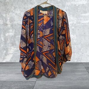 Vintage Havana Orange and Navy Bold Print Open Kimono Dolman Sleeves, Medium